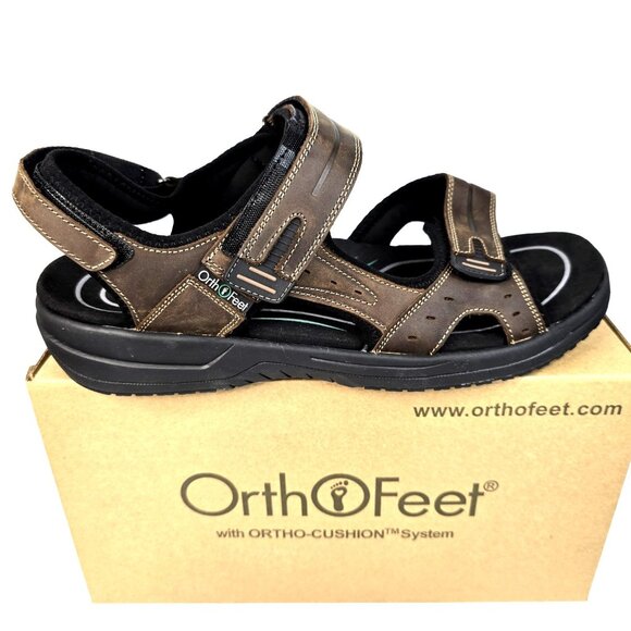 OrthoFeet Gemini Leather Adjustable Brown Sandals w/Box Men's SZ 14 (4E) - Picture 1 of 8